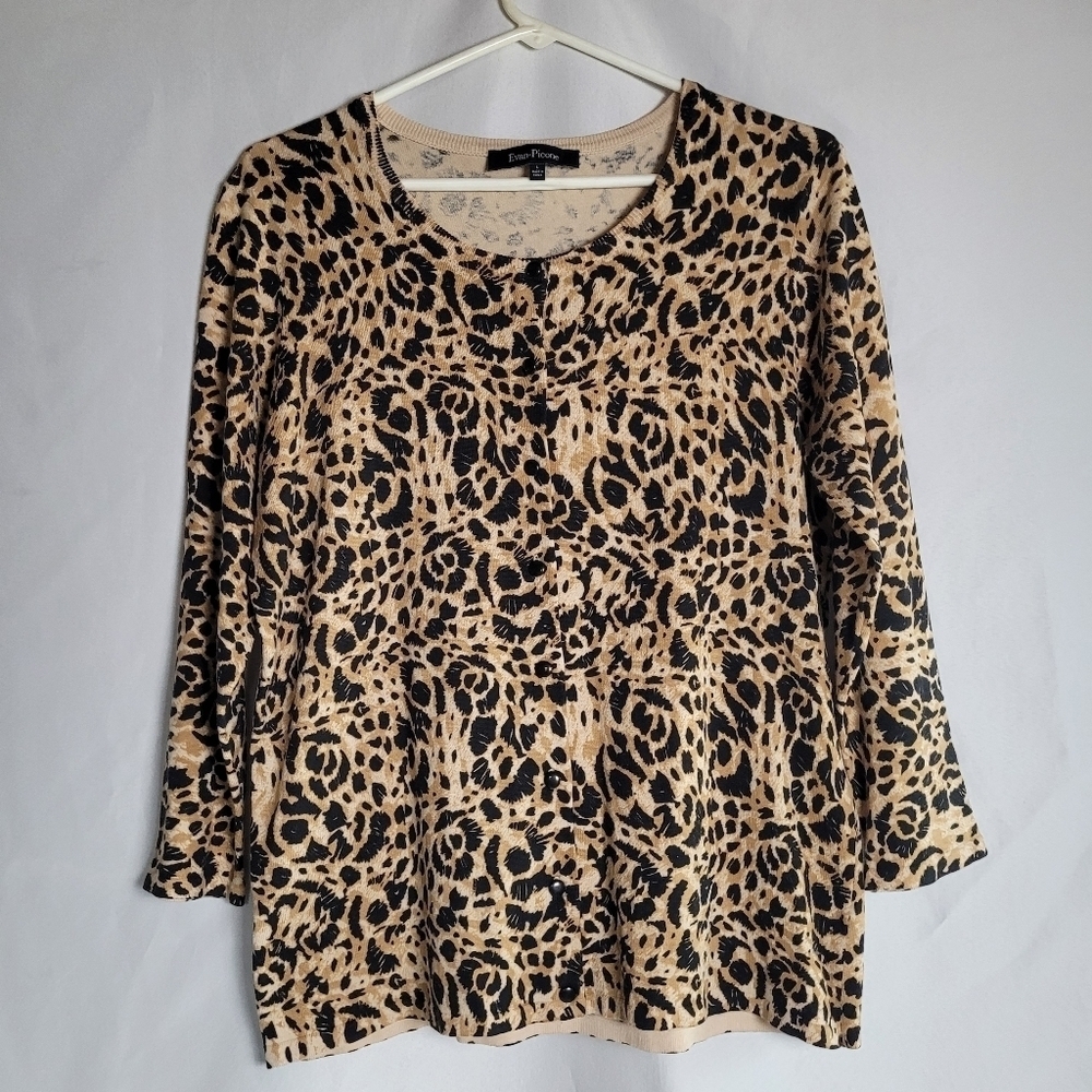 Evan Picone Button Front Sweater Animal Print Brown Black Size L Silk Blend